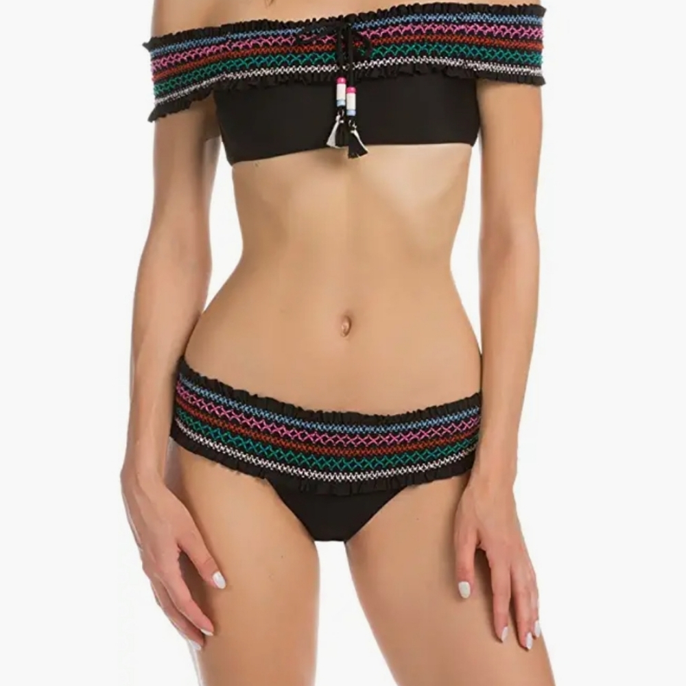 ISABELLA ROSE Women's Embroidered Smocked Off The Shoulder Bandeau Bikini set